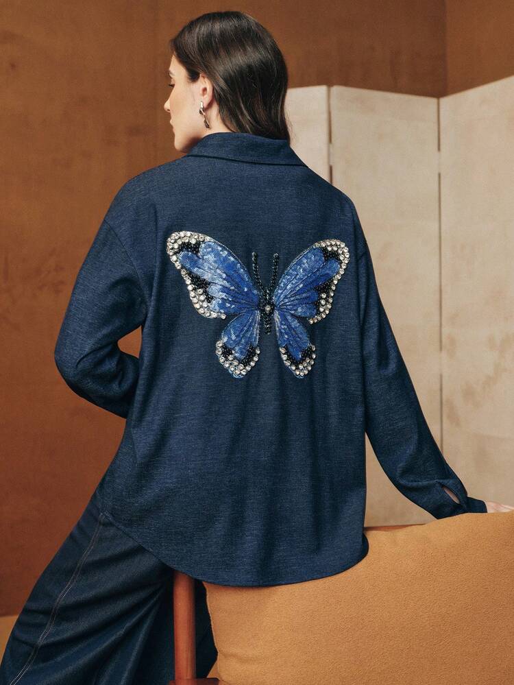 Blusa de Manga Longa Feminina com Bordado e Contas em Padrão de Borboleta