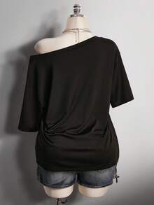 SHEIN ICON Plus Size Retro Y2K Punk Gothic Grunge Rock Heart Wings Rhinestone Asymmetrical Shoulder Loose Black T-Shirt,Sommar,Night Out Club - Black - View 2