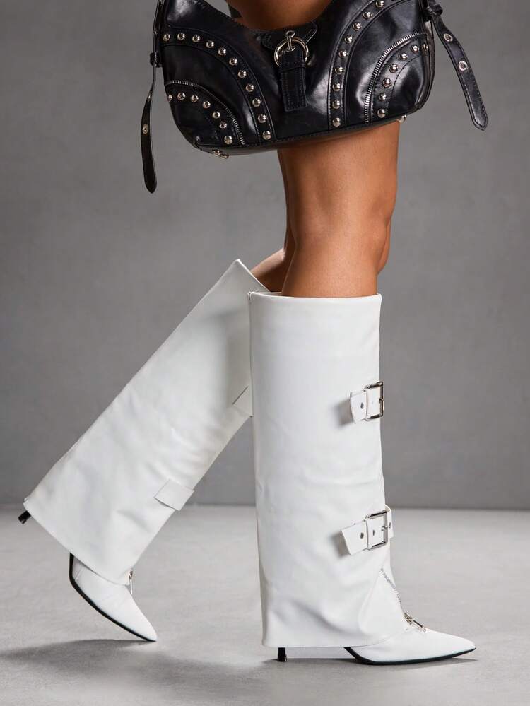 CUCCOO SZL Women's Pointed Toe Buckle Design Fashion High Heel Knee-High Boots