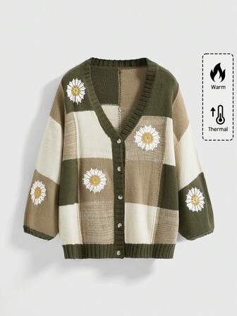 Cardigan vintage a quadri verde in stile Fairycore, taglia curvy, con motivo floreale ricamato a margherite, giacca in stile Cottagecore in maglia, taglia curvy, per donna