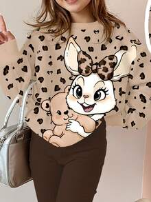 SHEIN Leap Crew مجموعة من قطعتين، بلوزة كاجوال بياقة طاقم طويلة الأكمام وبنطال واسع بنمط الأرنب والنمر البني والخاكي، مناسبة للفتيات المراهقات في فصلي الخريف والشتاء، قطنية ناعمة وسميكة