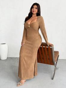 Firerie 大码女士优雅简约长袖连衣裙 - 卡其色 - 查看 6