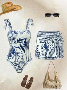 Swim Oasis 法国南部高端度假风鹦鹉系带连体裙