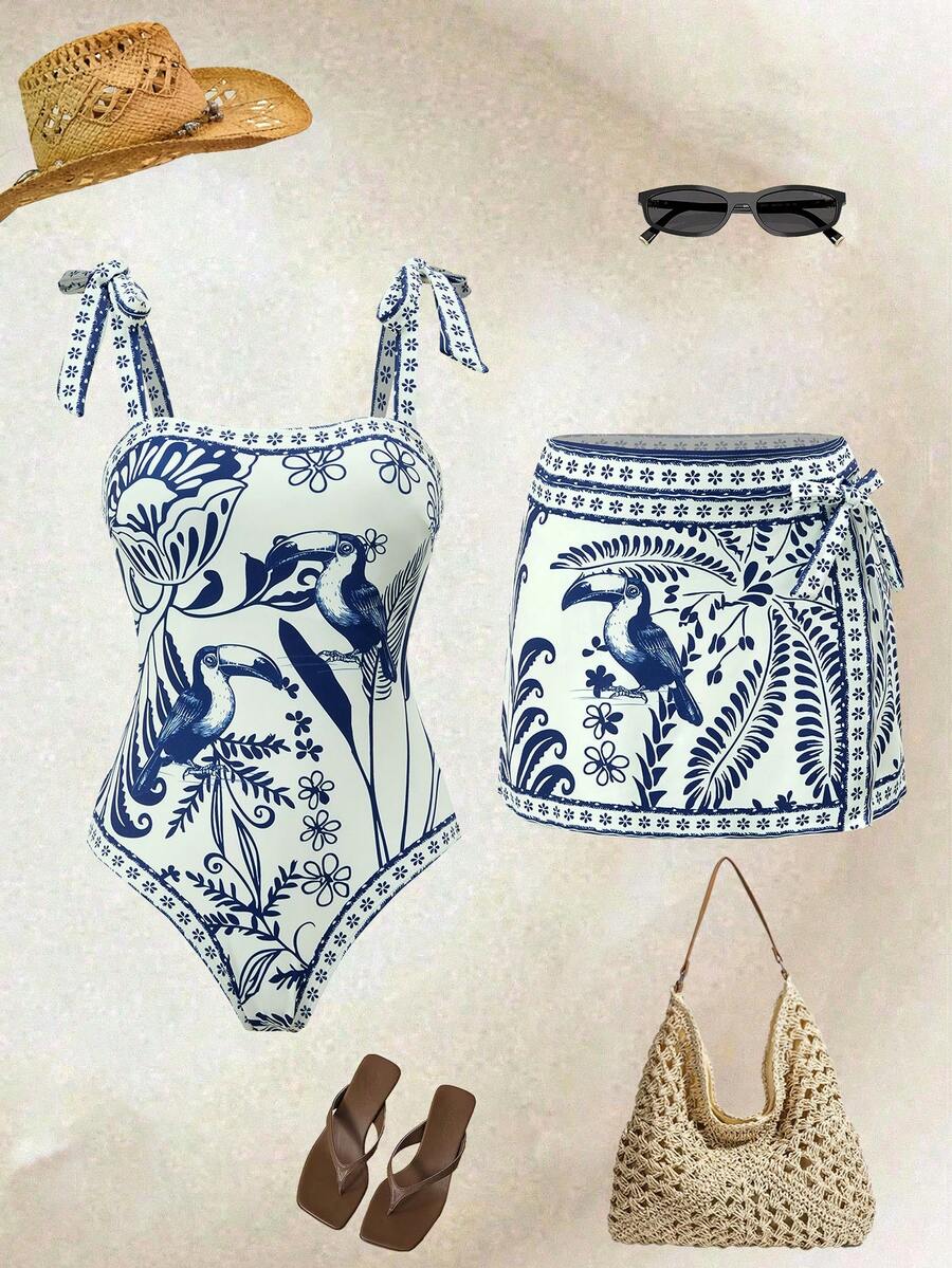 Swim Oasis 法国南部高端度假风鹦鹉系带连体裙