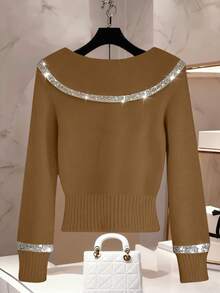 Franclia Áo len chui đầu màu trơn dáng ôm, tay dài cổ đính sequin thanh lịch dành cho nữ, cỡ lớn, mùa thu/đông - Rỉ Nâu - Xem 2