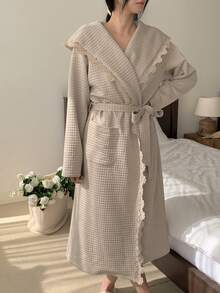 DAZY Women's Plaid Textured Fabric Lace Trim Hooded Loose Long Robe, Autumn/Winter - Khaki - View 8