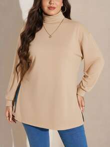 SHEIN LUNE Áo thun cổ lọ hở vai cỡ lớn, xẻ tà, mùa đông, đi chơi, năm mới, ngày lễ cho phụ nữ - Màu be - Xem 3