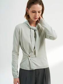 INAWLY Women's Solid Color Tie Neck Asymmetric Button Knit Cardigan Linen Sage Green - Green - View 4