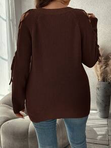 SHEIN Clasi Áo len chui đầu tay raglan buộc dây cỡ lớn dành cho nữ vào mùa thu/đông - Cà phê nâu - Xem 2