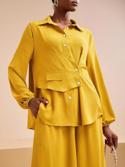 Zivah Herfst/Winter Nieuwjaar 2025, Valentijnsdag, Feest, Avond, Date, Verjaardag, Collegestijl, Student, Dagelijkse kleding, Basic, Veelzijdig, Casual, Cruisereizen, Virale hit, Elegant, Forenzen, Zakelijk casual, Minimalistisch Bruin/Geel 2-delige set: Los gedraaid asymmetrisch topje met lange mouwen + wijde broek, Damespak