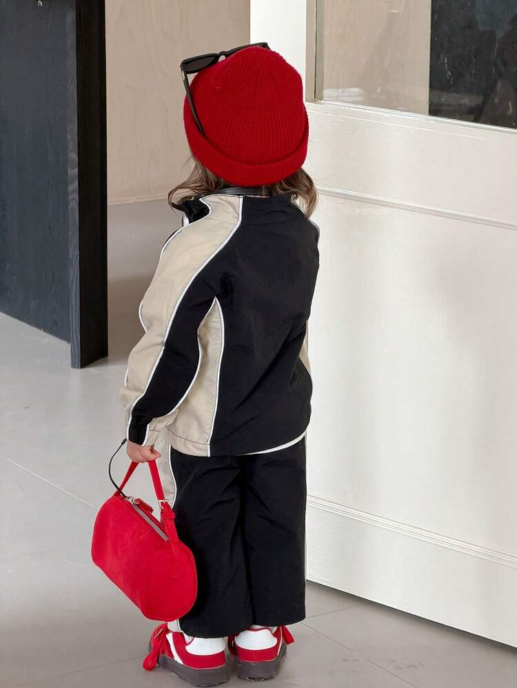 2pcs Baby Girls Casual Color Block Patchwork Korean Style Jacket And Long Pants Set Toddler Girls Clothes