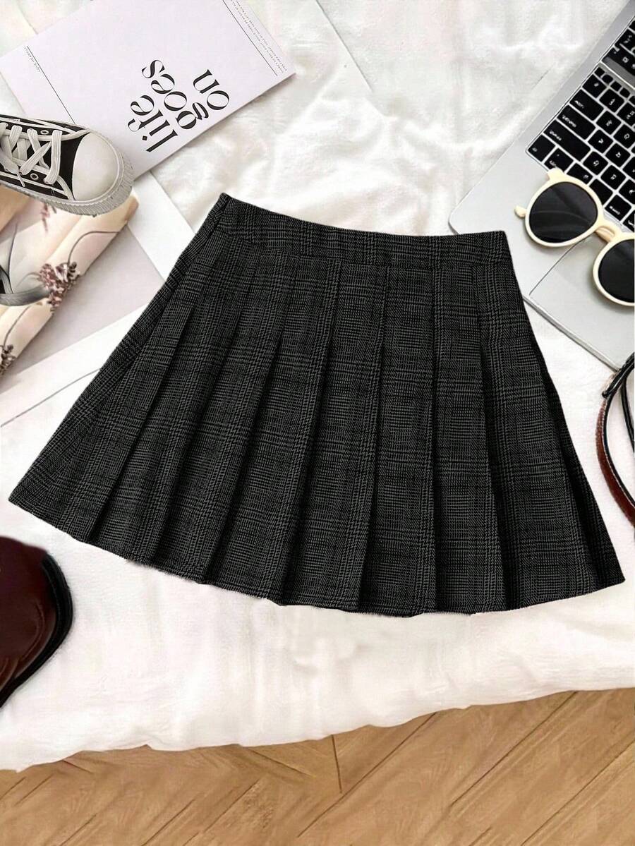 Franclia Chân váy xếp ly ngắn thời trang kẻ caro thường ngày đa năng dành cho nữ - màu đen - Xem 1