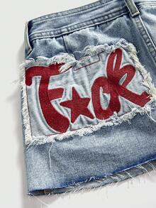 ROMWE Avant 女士Y2K迷你牛仔裙，带标语刺绣贴片 - 淺藍色 - 查看 5