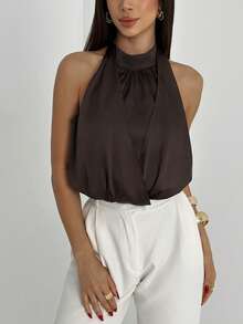 Aloruh Coffee Color Minimalist Criss-Cross Backless Crop Top For Office/Casual Wear - Coffee Brown - View 2