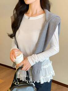 DAZY Women's Crew Neck Ruffle Hem Patchwork Loose Long Casual Base Layer T-Shirt - White - View 1