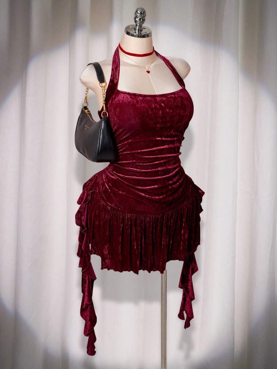 SHEIN ICON 大码女式荷叶边挂脖迷你连衣裙，秋冬 - 紅色 - 查看 1