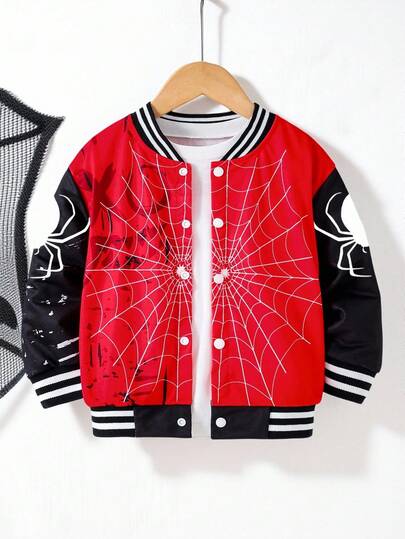 Fantacosmos 1pc Young Boy Casual Spider Print Long Sleeve Jacket, Suitable For Holiday, Vacation, Travel, Relaxation, Sunbathing, Campus, Summer,Halloween Fall Winter
