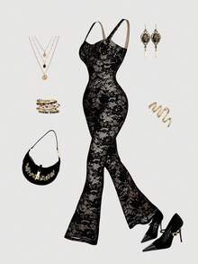 SHEIN MOD 女士优雅派对蕾丝连体裤 - 黑色 - 查看 1
