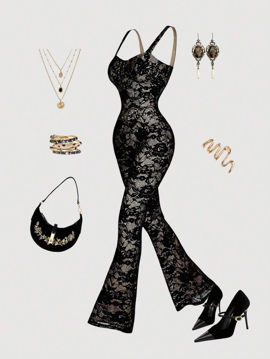SHEIN MOD 女士优雅派对蕾丝连体裤 - 黑色 - 查看 1