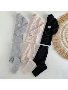 Loomiva Set de 6 piezas Suéter de cuello alto de manga larga y pantalón de cintura elástica con diseño jacquard suave para niño pequeño - Multicolor - Ver 3