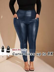 SHEIN CURVE+ 大码女士黑色口袋皮质紧身裤，简约风格，适合圣诞节、感恩节、情人节等场合，高腰设计，通勤、节日、派对、运动等场合，带口袋，可作裤子穿着，日常通勤、工作服。 - 藏蓝色 - 查看 2