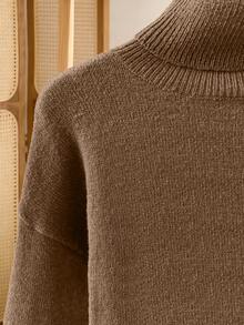 Franclia Women's Elegant High Neck Loose Cinching Waist Design Asymmetrical Hem Pullover Sweater, Winter Turtle Neck Women Brown Sweater Coffee Brown Top Winter Clothes For Women Sweaters Brown Clothes - Brown - View 4