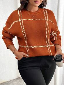 Elenzga Plus Size Casual Colorblock Plaid Knit Sweater, Autumn/Winter Fall - Orange - View 6