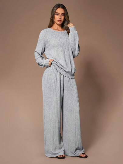  Lazeform Casual & Comfortable Oversized Loose Textured Ribbed Light Gray Women Loungewear Set, Suitable For Indoor And Outdoor Wear Casual Two Pieces Cozy Set Women Long Sleeve Two Pieces Lounge Set, Winter Clothes