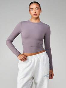 MISSGUIDED Women Long Sleeve Fitted Crew Neck Base Layer Top Ribbed Knit Athletic Underlayer Shirt Fall Winter Essential - Grey - View 1