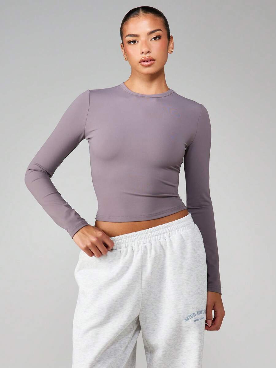 MISSGUIDED Women Long Sleeve Fitted Crew Neck Base Layer Top Ribbed Knit Athletic Underlayer Shirt Fall Winter Essential - Grey - View 1
