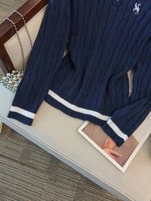 GlowEve CURVE Casual Minimalist Embroidered Colorblock Polo Collar Long Sleeve Plus Size Knit Pullover Sweater, Autumn/Winter - Royal Blue - View 5