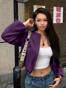 SHEIN LUNE Chaqueta corta con cremallera de unicolor simple para uso diario y casual de las mujeres - Morado - Ver 4