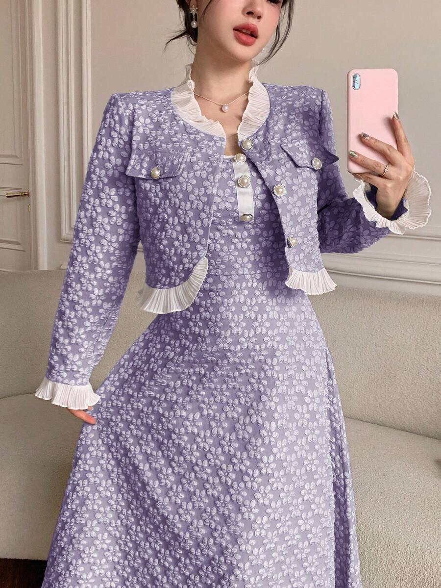 Modelyn 女士花卉提花荷叶边长袖单排扣外套和无袖连衣裙优雅两件套 - 紫丁香色 - 查看 1