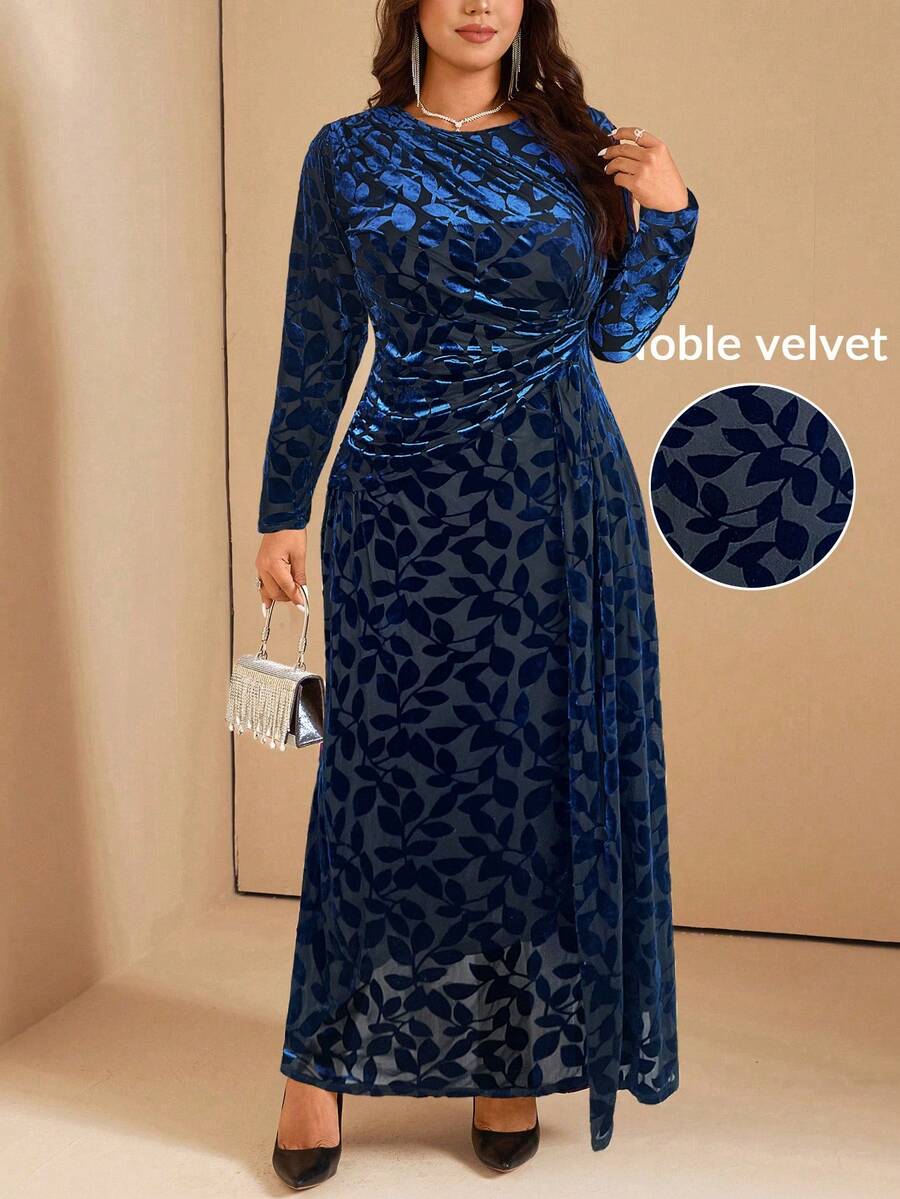 Comfylo 大码女式天鹅绒面料扭腰修身连衣裙 - 藍色 - 查看 1