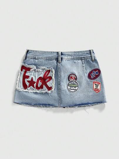 ROMWE Avant Women's Y2K Mini Denim Skirt With Slogan Embroidered Patches