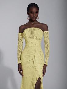 Elitara 优雅奢华的弹力蕾丝露肩无肩带连衣裙，配有可拆卸的薄纱袖子、美人鱼裙摆和性感开衩，适合婚礼、活动、派对、度假、盛会和正式场合，以及情人节。 - 淡黃色 - 查看 7