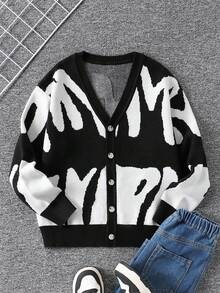 Fantacosmos Boys' Fashionable Minimalist Letter Jacquard Knit Cardigan Girls Cardigan Sweaters Kids Cardigan Cute Cardigan Cardigan For Teen Girls Cropped Cardigan Tween Boys Sweater Tween Boys Fall Outfits Tween Boys Winter Clothes Kids Fall Clothes - Black - View 8