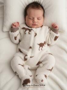 Cozy Pixies 新生女婴卡通恐龙印花保暖内衬圆领长袖连体衣 - 杏色 - 查看 9