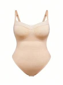 SHEIN Bodysuit Camisole Thong Wanita Ukuran Plus Warna Polos dengan Renda Kontras - Aprikot - View 6