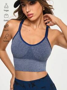 Eassivo Eassivo Women's Seamless High Elasticity Aerobic Yoga Fitness Sports Bra, Seamless Sports Bras, Backless Sports Bra, Workout Sets Women Sport Bra, Workout Tops With Bra - Navy Blue - View 5