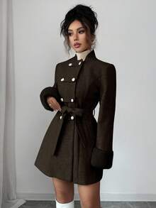 Rafferiza Áo khoác nữ thời trang kiểu Pháp thanh lịch rộng rãi có thể tháo rời bằng lông giả chắp vá hai hàng khuy, thắt eo, màu kaki, thu/đông - Cà phê nâu - Xem 5