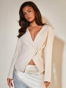 COSMINA Women's Deep V-Neck Slim Fit Blazer Jacket, Versatile For Commuting And Office Wear, Autumn/Winter White Blazer Women - Khaki - View 5