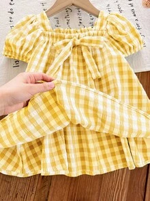 SHEIN Đầm suông tay ngắn họa tiết kẻ caro vàng dễ thương cho bé gái đi nghỉ hè - Màu vàng - Xem 3