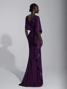 Elitara Elegant Luxurious Navy Blue Satin Ruffle Sleeve Sexy Slit Fishtail Bridesmaid Dress - Purple - View 4