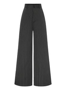 SHEIN LUNE Pantaloni casual a gamba ampia con stampa a righe e tasche, adatti per taglie comode - Grigio Chiaro - Visualizzare 1