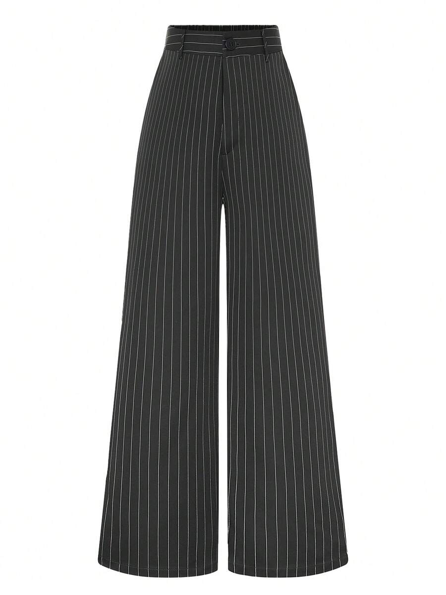 SHEIN LUNE Pantaloni casual a gamba ampia con stampa a righe e tasche, adatti per taglie comode - Grigio Chiaro - Visualizzare 1