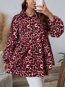 SHEIN LUNE Damen Große Größen Leoparden-Muster Kragen Langarm Bluse, Herbst/Winter Leoparden Bluse Damen Oberteile Knopfleiste Damen Hemd Business Lässig Frau Arbeitsbluse Business Bluse Thanksgiving Feiertag - Rot - Übersicht 1