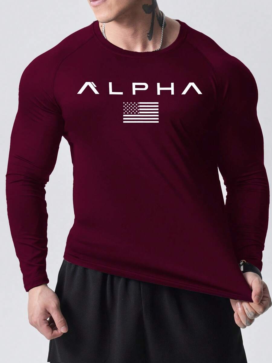 Manfinity Sport Corelite 男士字母印花插肩袖运动 T 恤健身上衣健身房上衣秋季透气修身衬衫秋季圆领 - 酒紅色 - 查看 1