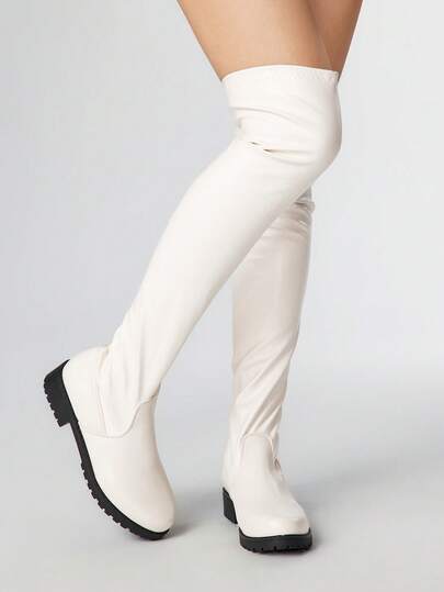 Goth Botas elásticas plisadas de tacón bajo y punta cuadrada para mujer, con parte superior de cuero, botas altas de moda para exteriores con diseño deslizante, nuevas llegadas para otoño/invierno