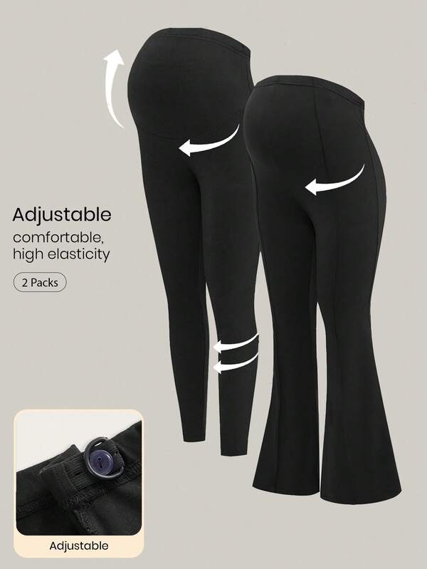 Modmama 2pcs Maternity Solid Flared Pants With Adjustable Waist & Wide Waistband Leggings Set